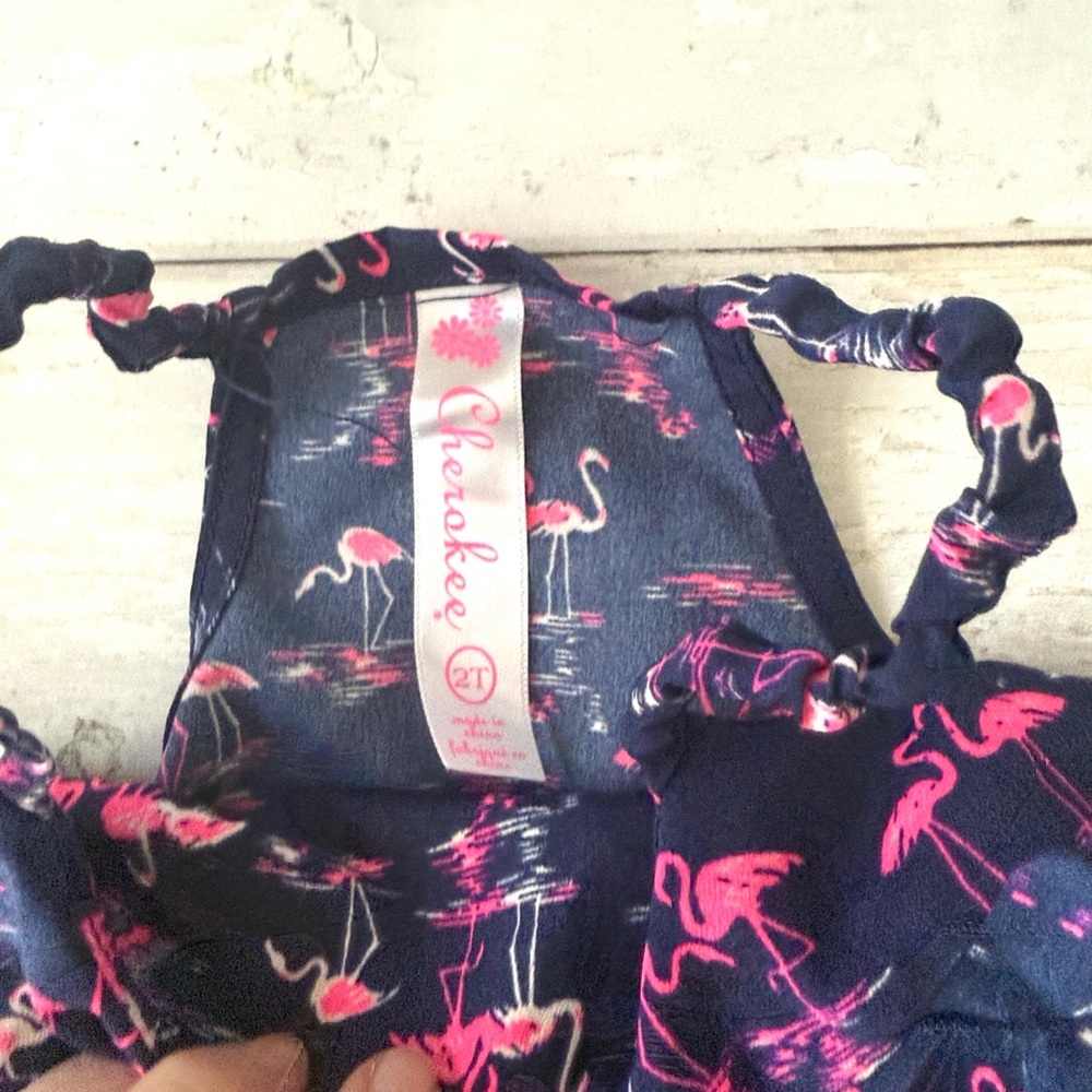 Girls 2T Summer Sundress Pink Flamingo Print Navy Blue Cherokee Toddler Dress - Picture 2 of 2